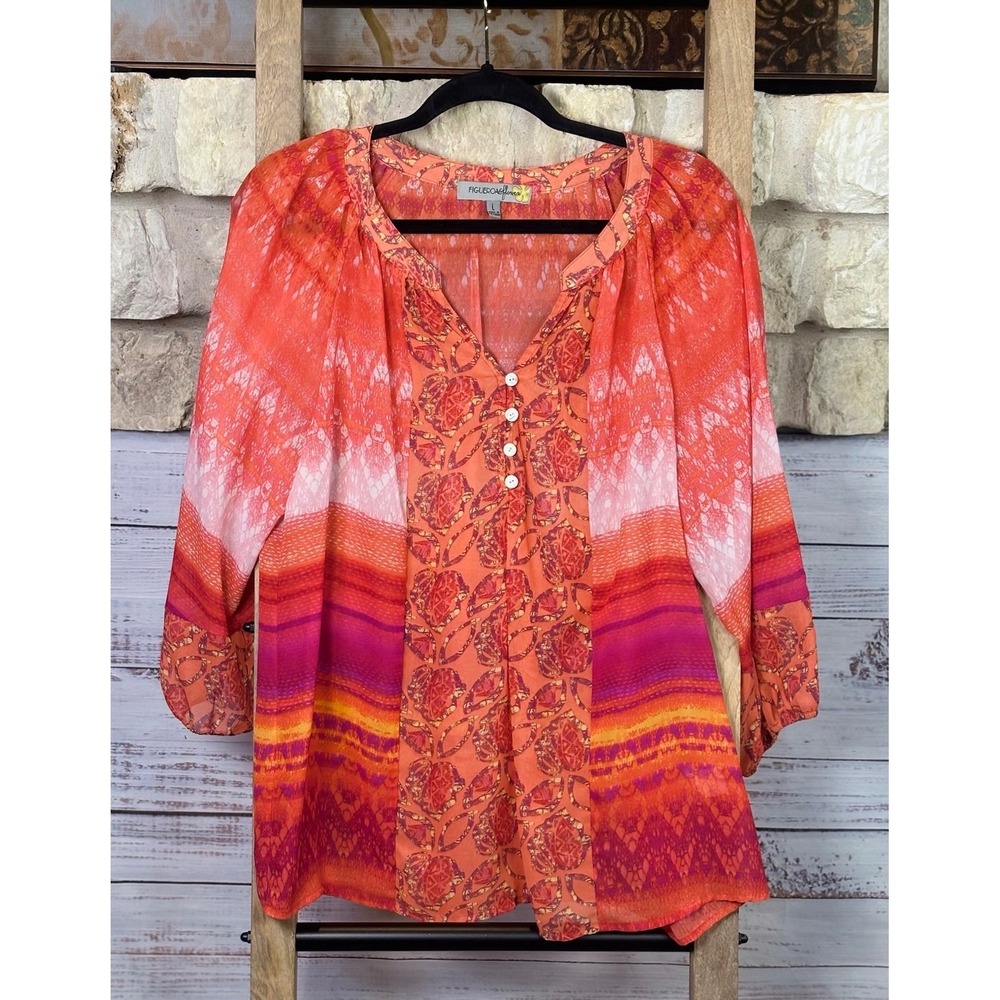 Figueroa & Flower Orange Pink Geometric Floral V-Neck Blouse Large
